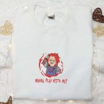 Get Spooked with Chucky Wanna Play With Me Embroidered Shirt – Horror Movie Characters & Spooky Shirts