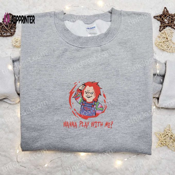 Get Spooked with Chucky Wanna Play With Me Embroidered Shirt – Horror Movie Characters & Spooky Shirts