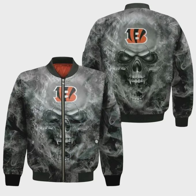 Cincinnati Bengals Fans Skull Pattern Bomber Jacket – Gray