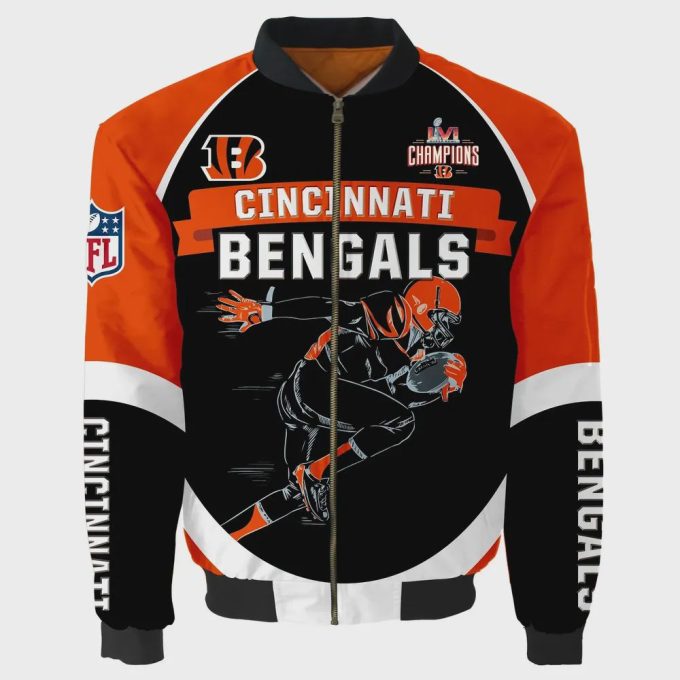 Cincinnati Bengals Running Man Pattern Bomber Jacket – Black And Orange