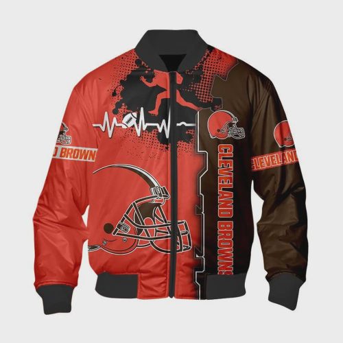 Cleveland Browns Heart ECG Line Pattern Bomber Jacket – Orange Brown