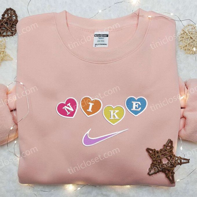 Custom Nike Embroidered Shirt – Colorful Love Heart Design Perfect Valentine’s Day Gift