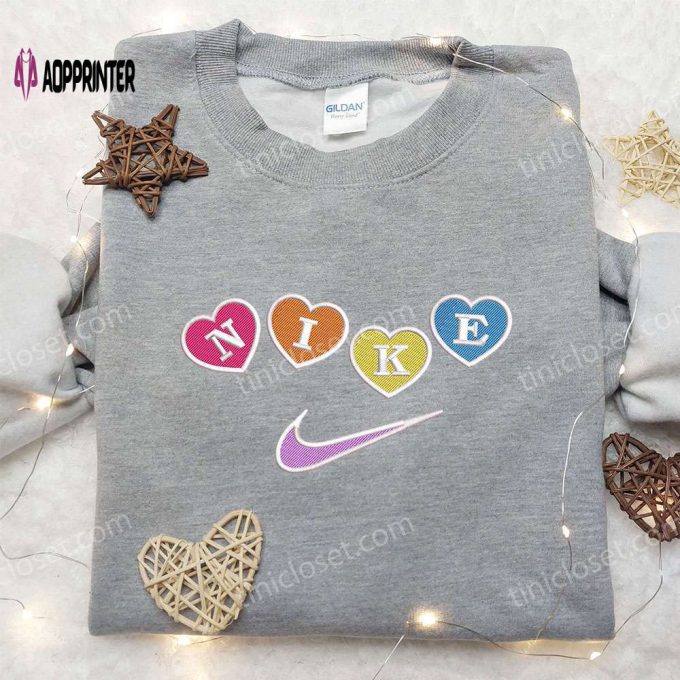 Custom Nike Embroidered Shirt – Colorful Love Heart Design Perfect Valentine’s Day Gift