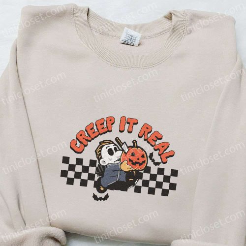 Creep It Real Michael Myers Pumpkin Hoodie: Horror Movie Characters Embroidered Sweatshirt & Spooky Shirt