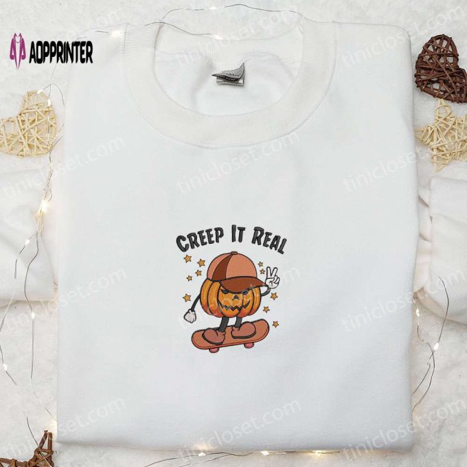 Halloween Embroidered Shirt Hoodie & T-shirt: Creep It Real Pumpkin Boy Skateboard Fun