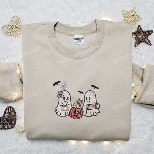 Cute Retro Ghosts Embroidered Shirt Halloween Gifts for Family