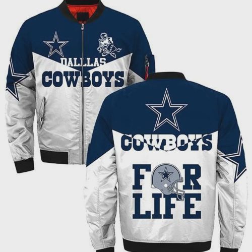 Dallas Cowboys For Life Logo Pattern Bomber Jacket – Blue White