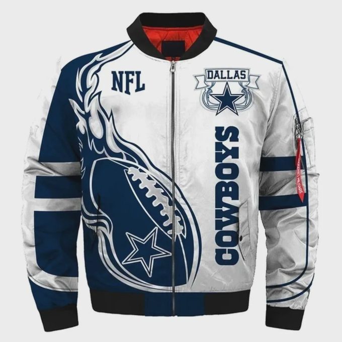 Dallas Cowboys Logo Pattern Bomber Jacket – White And Navy