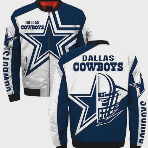 Dallas Cowboys Star Helmet Pattern Bomber Jacket – Blue White