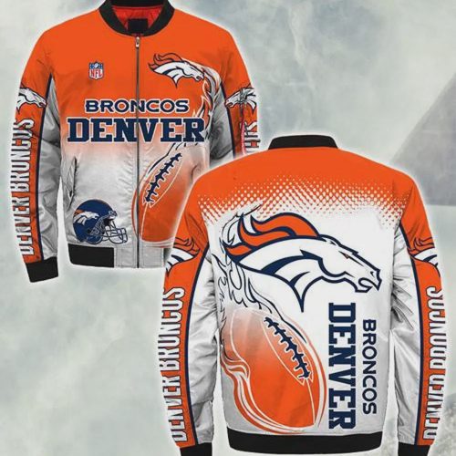 Denver Broncos Horse And Fire Ball Pattern Bomber Jacket – White Orange