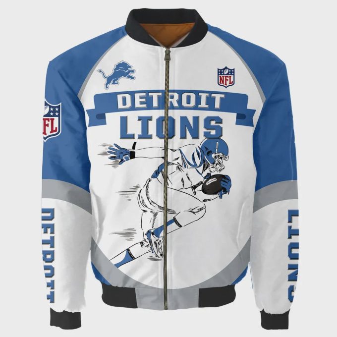 Detroit Lions Players Running Logo Pattern Bomber Jacket – White And Blue