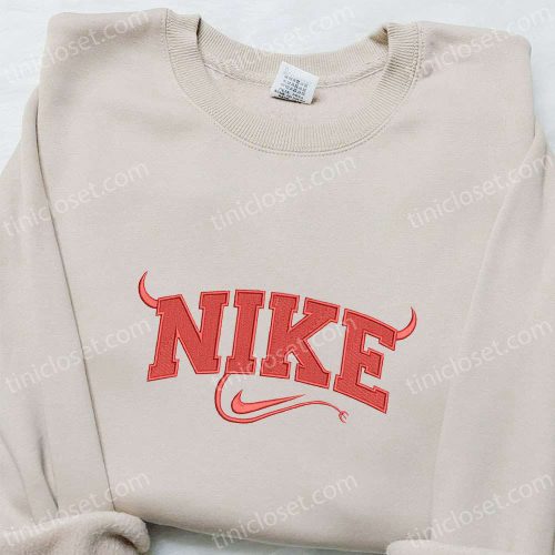 Devil x Swoosh Embroidered Sweatshirt: Nike Inspired Hoodie Perfect Halloween Gift for Family