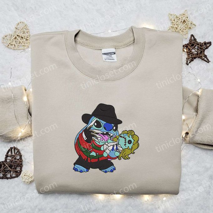 Freddy Krueger x Stitch Doll Embroidered Sweatshirt – Silhouette Horror Movies Hoodie Disney Halloween Gifts