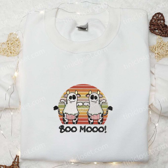 Spooktacular Funny Ghost Cow Sweatshirt – Perfect for Halloween Farm Animal Embroidered Design