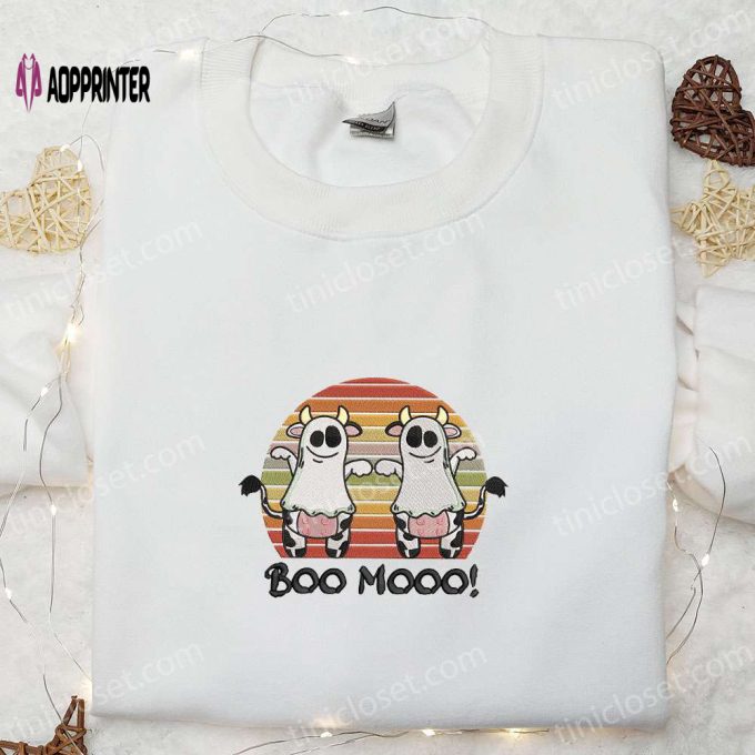 Spooktacular Funny Ghost Cow Sweatshirt – Perfect for Halloween Farm Animal Embroidered Design