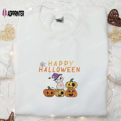 Funny Happy Halloween Cute Cat Embroidered Shirt – Best Halloween Gift and Clothing Ideas