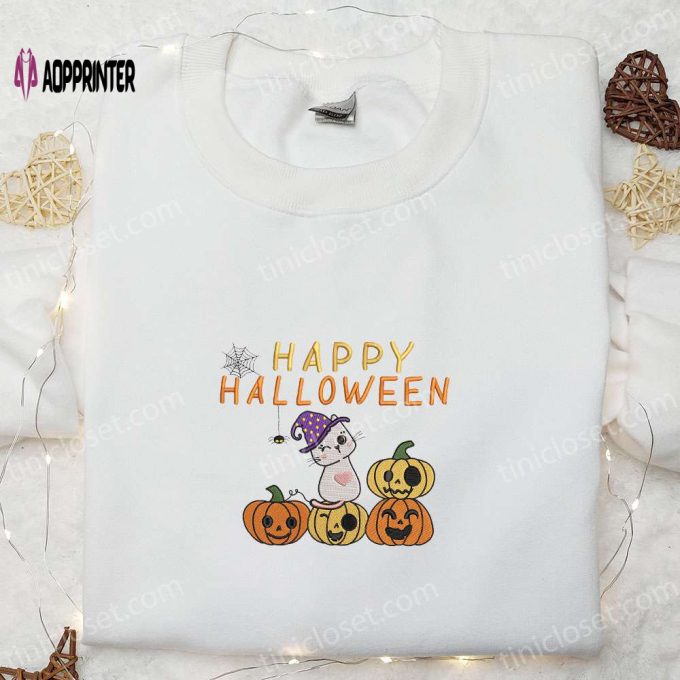 Funny Happy Halloween Cute Cat Embroidered Shirt – Best Halloween Gift and Clothing Ideas