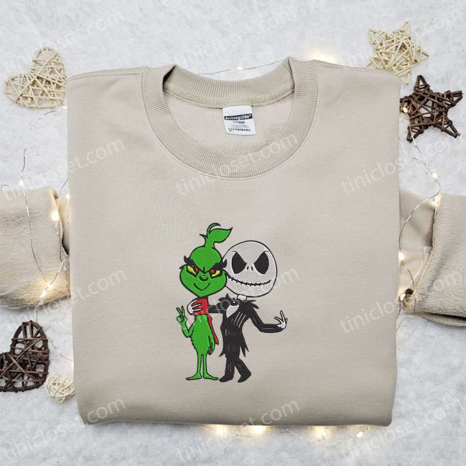 Grinch & Jack Skellington Friends Embroidered Shirt – Funny Halloween Gift for Family