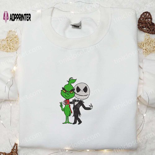 Grinch & Jack Skellington Friends Embroidered Shirt – Funny Halloween Gift for Family