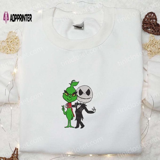 Grinch & Jack Skellington Friends Embroidered Shirt – Funny Halloween Gift for Family