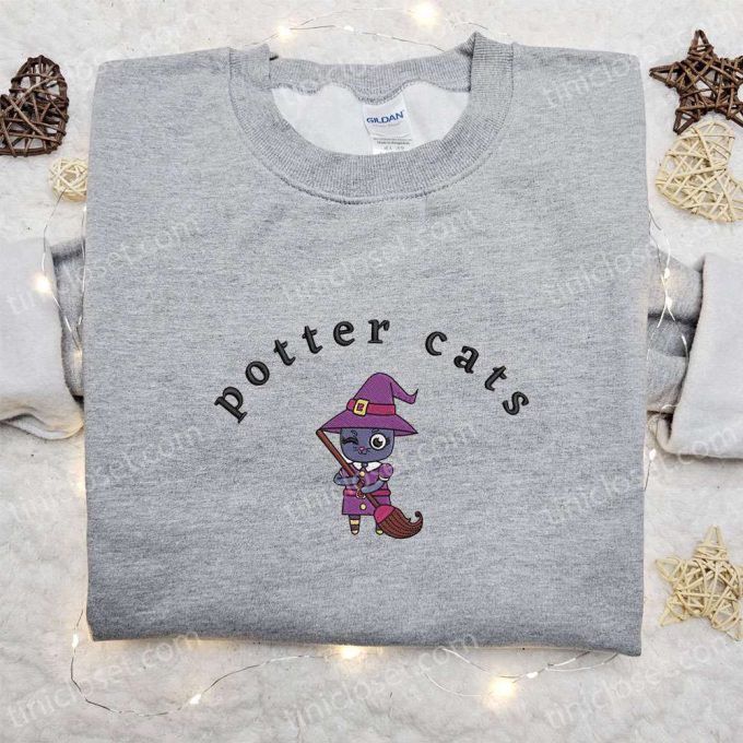 Enchanting Halloween Potter Cats Embroidered Hoodie & T-Shirt: Spooky & Adorable Attire