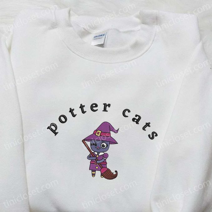 Enchanting Halloween Potter Cats Embroidered Hoodie & T-Shirt: Spooky & Adorable Attire