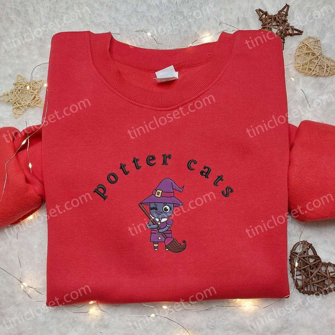 Enchanting Halloween Potter Cats Embroidered Hoodie & T-Shirt: Spooky & Adorable Attire