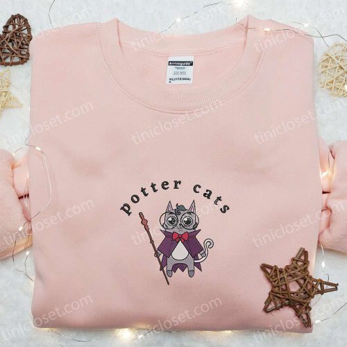 Spooky Halloween Potter Cats Embroidered Shirt – Adorable & Stylish Halloween Cat Design