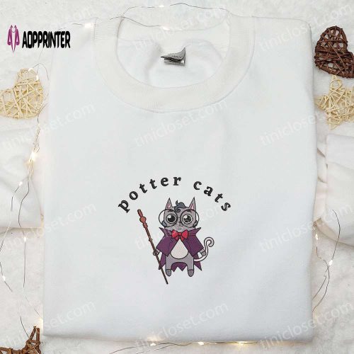 Spooky Halloween Potter Cats Embroidered Shirt – Adorable & Stylish Halloween Cat Design