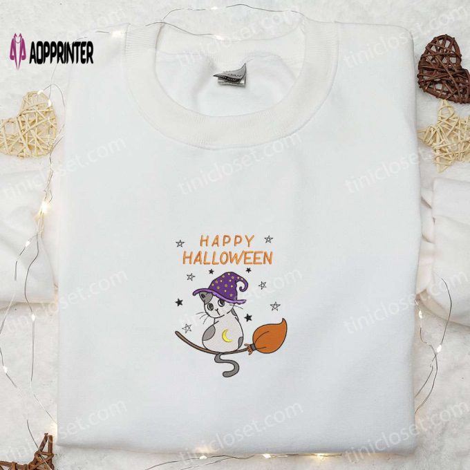 Spooktacular Witch Kitten Cat Shirt: Halloween Embroidered Delight