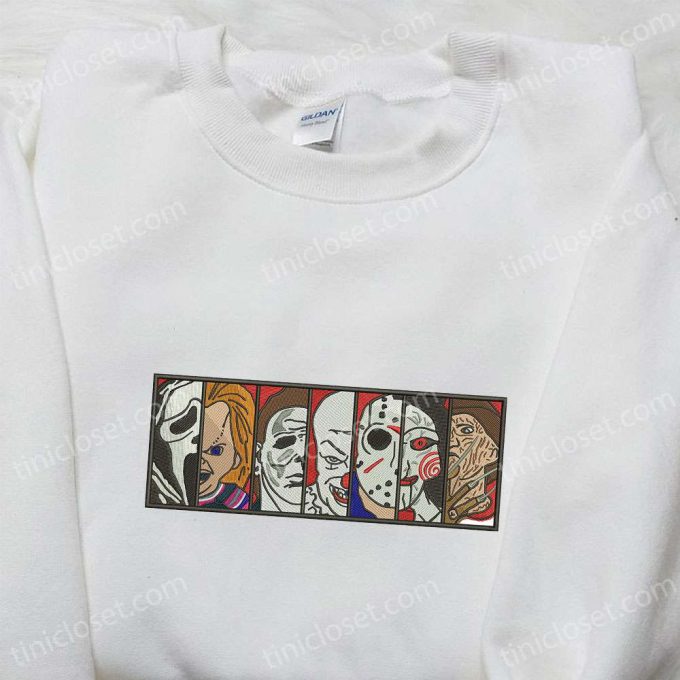 Spook-tacular Horror Film Box Sweatshirt Characters Hoodie & Halloween Shirt: Embroidered Delight