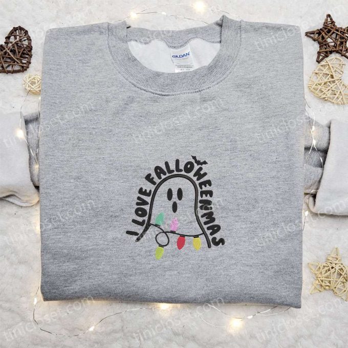 I Love Falloweenmas Ghost Embroidered Shirt – Adorable & Cute Halloween Apparel