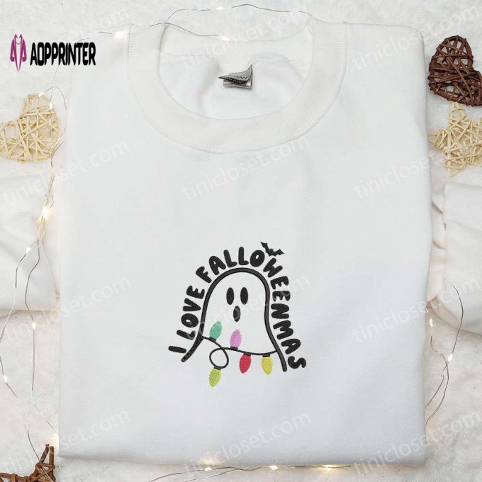 I Love Falloweenmas Ghost Embroidered Shirt – Adorable & Cute Halloween Apparel