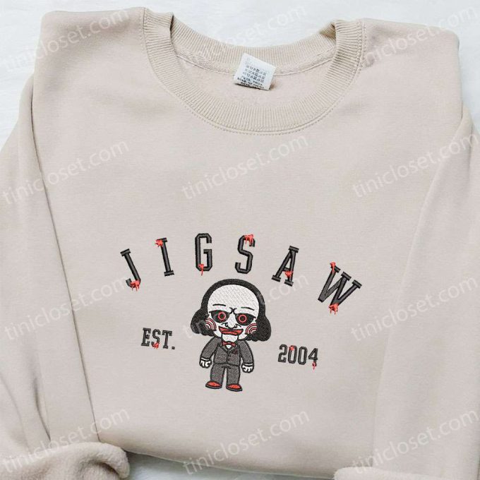 Jigsaw Est 2004 Embroidered Hoodie – Horror Characters Sweatshirt – Spooky Shirt