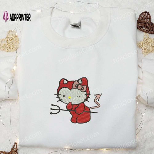 Spooktacular Kitty Devil Embroidered Sweatshirt Hoodie & T-shirt – Perfect for Spirit Halloween!