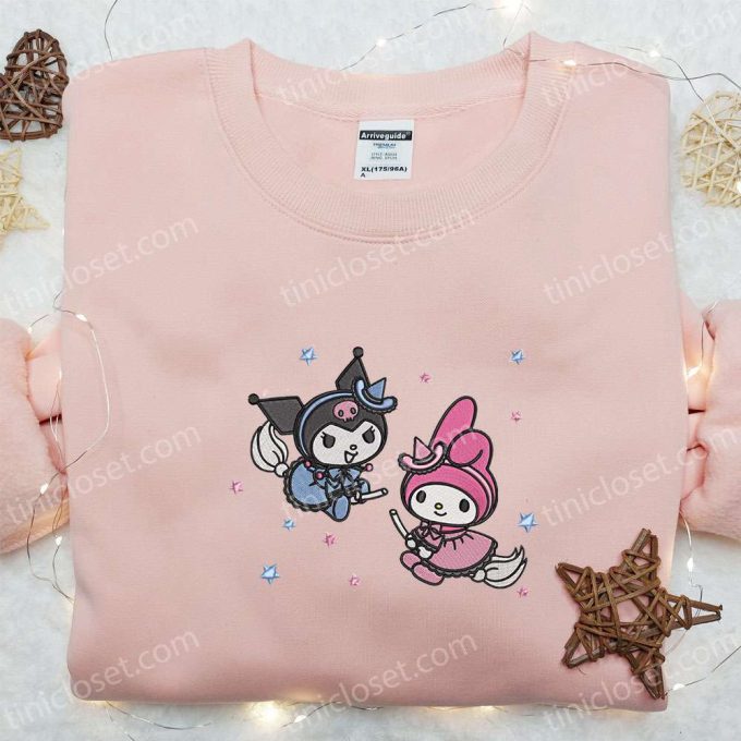 Kuromi & My Melody Witches Hoodie: Cute Halloween Embroidered Sweatshirt Best Gift for Daughter