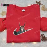 Loki x Nike Swoosh Movie Embroidered Sweatshirt & Marvel Universe Shirt: Nike Inspired Embroidery