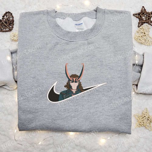 Loki x Nike Swoosh Movie Embroidered Sweatshirt & Marvel Universe Shirt: Nike Inspired Embroidery