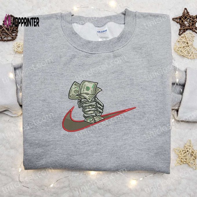 Money Hand x Swoosh Embroidered Sweatshirt – Nike Inspired Shirt Perfect Family Gift Ideas