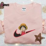 Anime Embroidered Shirt: Monkey D Luffy x Nike Swoosh One Piece & Nike Inspired – Shop Now!