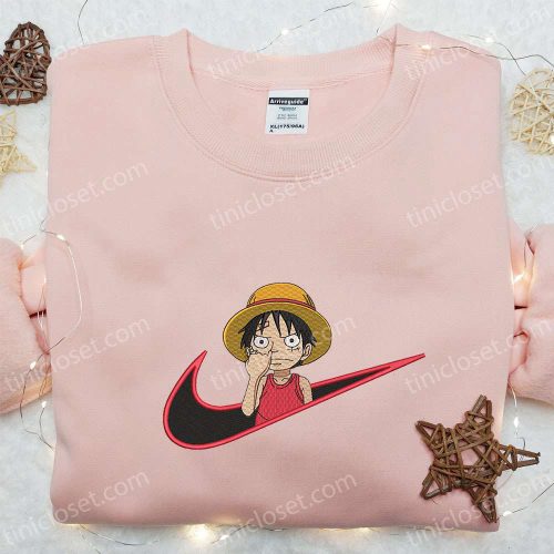 Anime Embroidered Shirt: Monkey D Luffy x Nike Swoosh One Piece & Nike Inspired – Shop Now!