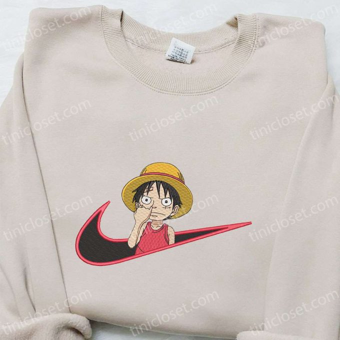 Anime Embroidered Shirt: Monkey D Luffy x Nike Swoosh One Piece & Nike Inspired – Shop Now!