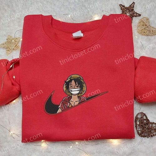 Laughing Monkey D Luffy x Nike Swoosh Tshirt: One Piece Embroidered Shirt Nike Inspired