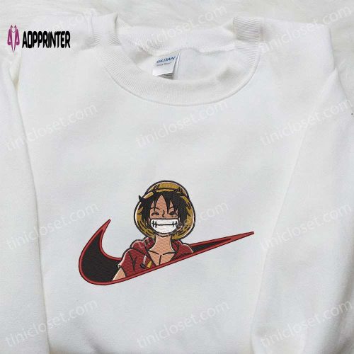 Laughing Monkey D Luffy x Nike Swoosh Tshirt: One Piece Embroidered Shirt Nike Inspired