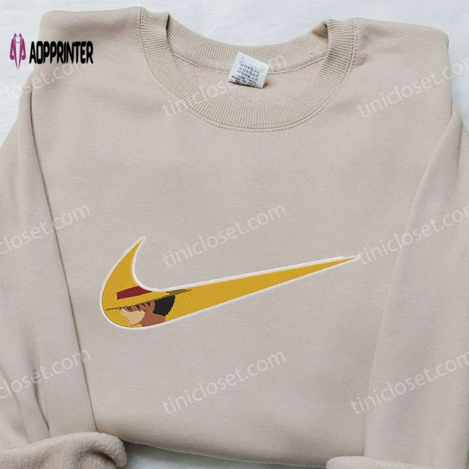 Monkey D Luffy x Nike Swoosh Hoodie: Anime Embroidered One Piece & Nike Inspired Shirt