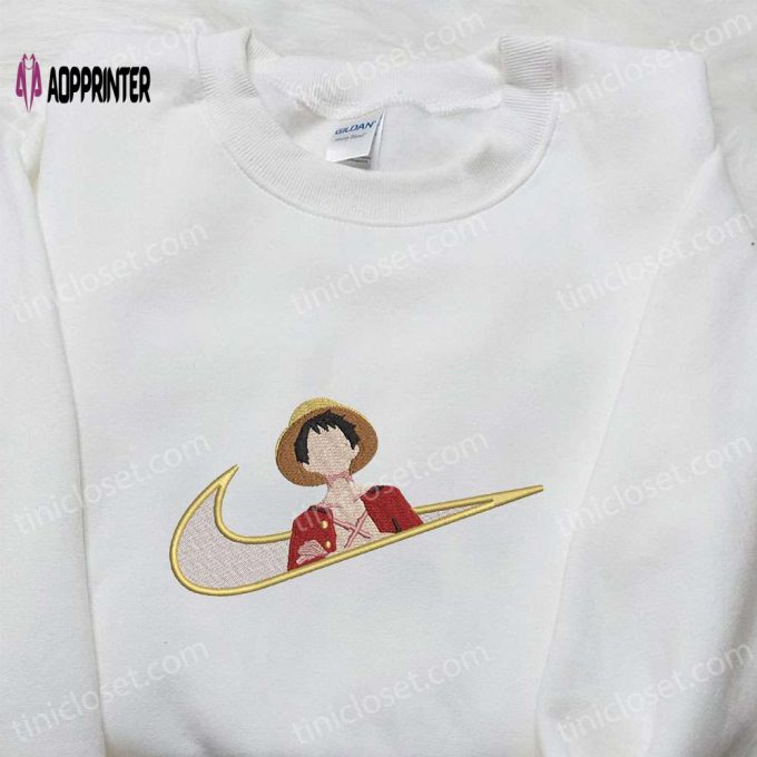 Monkey D Luffy x Nike Swoosh Anime Embroidered Tshirt – One Piece & Nike Inspired Shirt