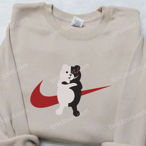 Monokuma x Nike Swoosh Anime Hoodie: Danganronpa Embroidered Shirt & Nike Inspired Tee