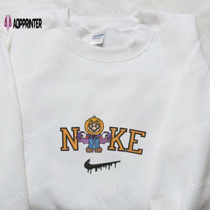 Spooky Fun: Nike x Halloween Pumpkin Mario Embroidered Shirt with Game Characters – Nike Inspired