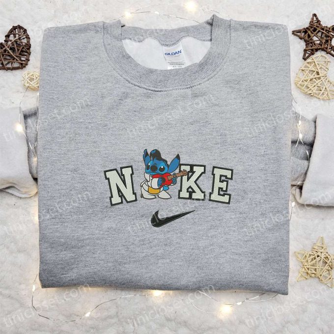 Nike x Stitch Guitar Embroidered Sweatshirt & Disney T-shirt: Customized Nike Embroidered Shirt – Best Family Gifts