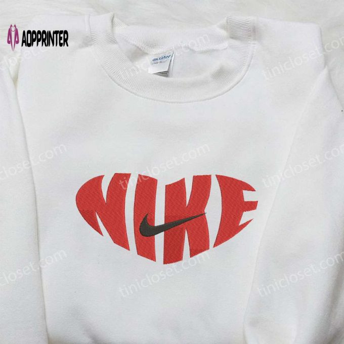 Red Heart Love x Nike Swoosh Embroidered Shirt – Nike Inspired Logo Shirt Perfect Valentine’s Day Gift